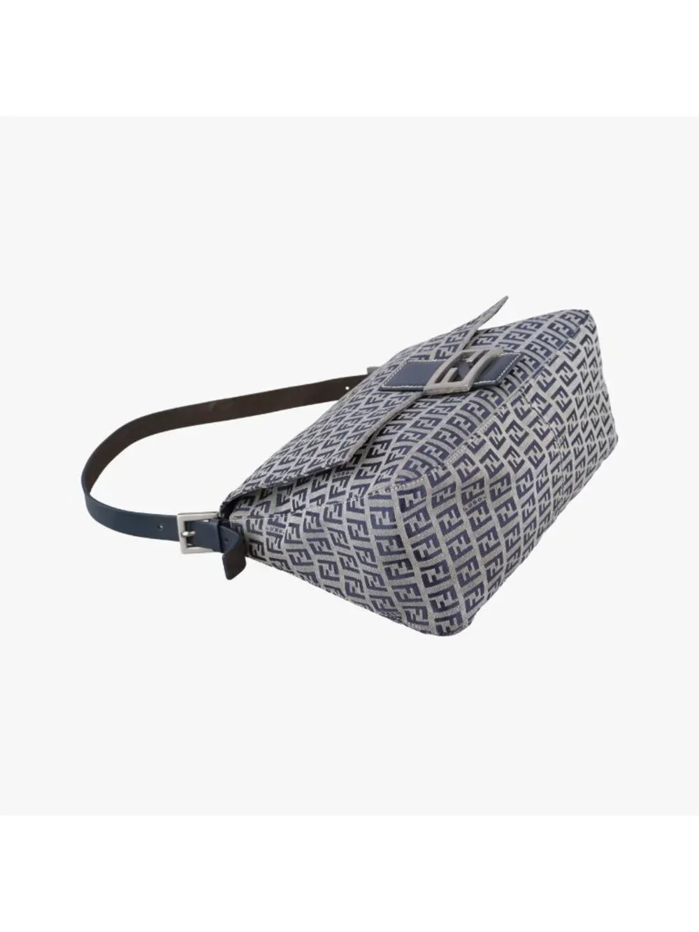 Fendi Mamma Bucket Zucchino Pattern Navy Gray Canvas Leather Shoulder